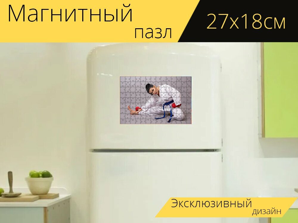 Магнитный пазл "Женщина, каратэ, коробка" на холодильник 27 x 18 см.