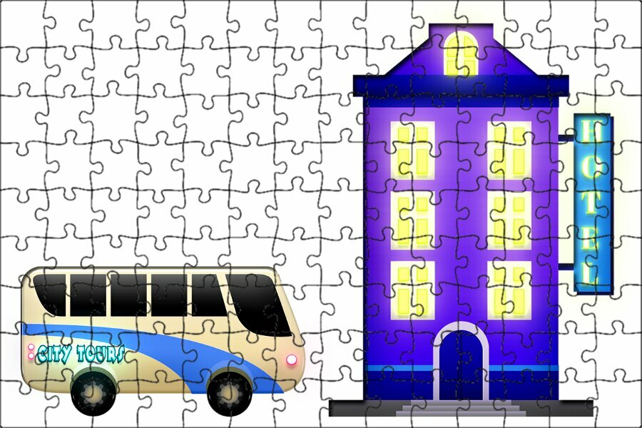 Магнитный пазл "Отель, строительство, автобус" на холодильник 27 x 18 см.