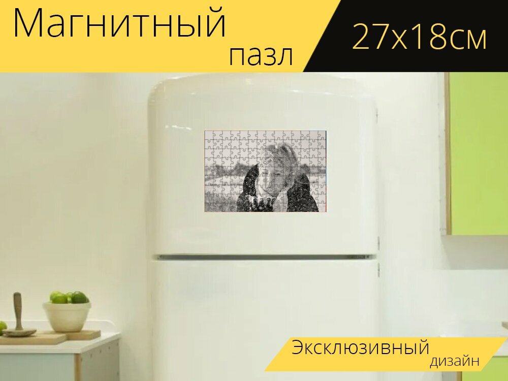 Магнитный пазл "Женщина, снег, дуть" на холодильник 27 x 18 см.