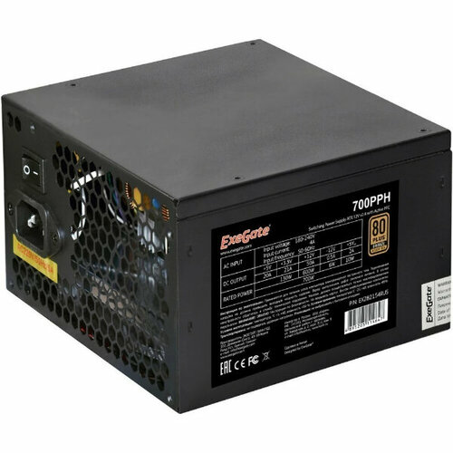 блок питания 450w exegate 80 plus® 450pph lt atx apfc кпд 82% 80 plus 12cm fan 24pin 4 4 pin pcie 5xsata 3xide rtl black Блок питания 700W ExeGate EX282154RUS 80 PLUS® Bronze 700PPH (ATX, APFC, КПД 89% (80 PLUS Bronze), 12cm fan, 24pin, 2x(4+4)pin, PCIe, 5xSATA, 3xIDE, b