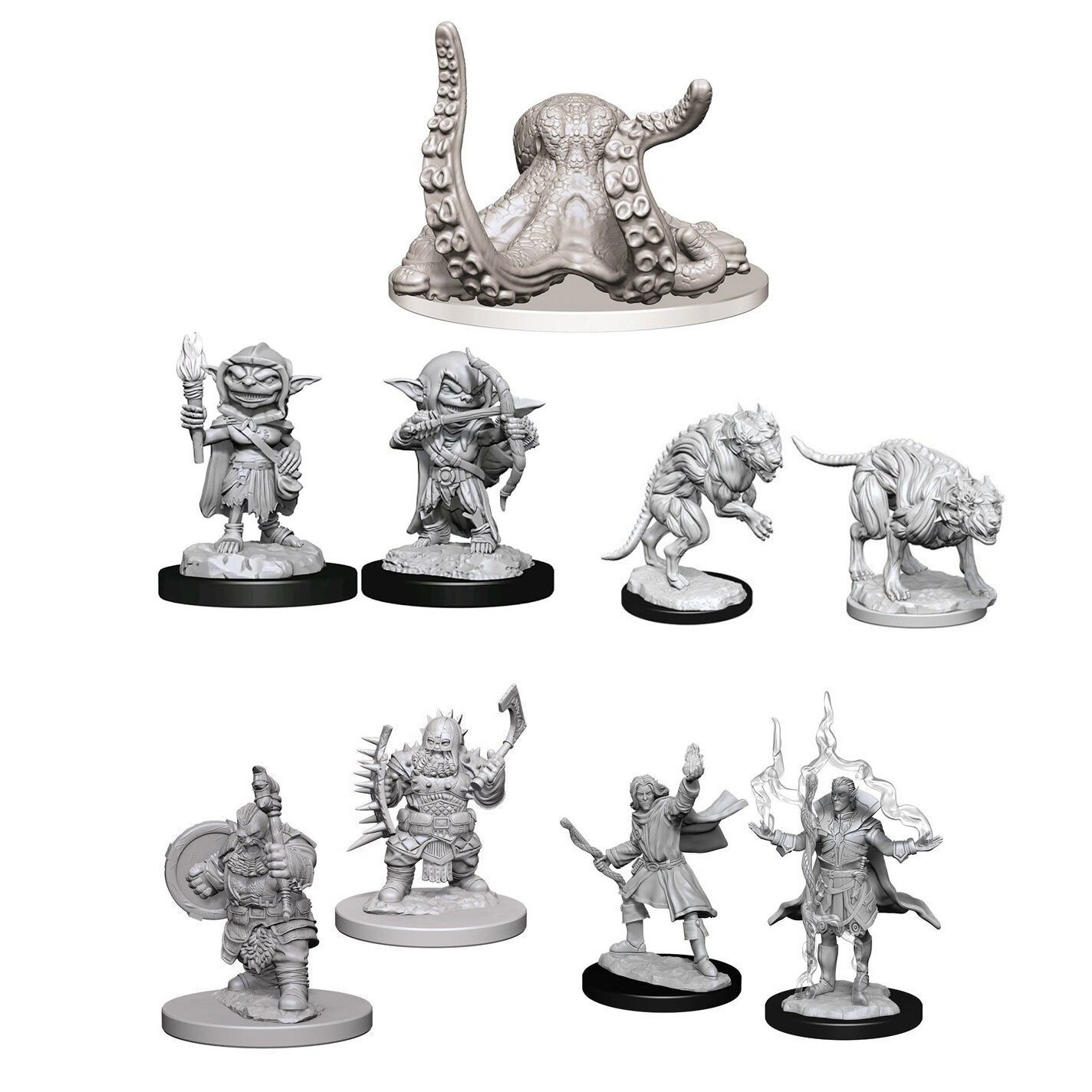 Миниатюры для игры Pathfinder Deep Cuts: Dwarf Male Barbarian, Elf Sorcerer Male, Giant Octopus, Goblin Rogue Female, Hell Hounds