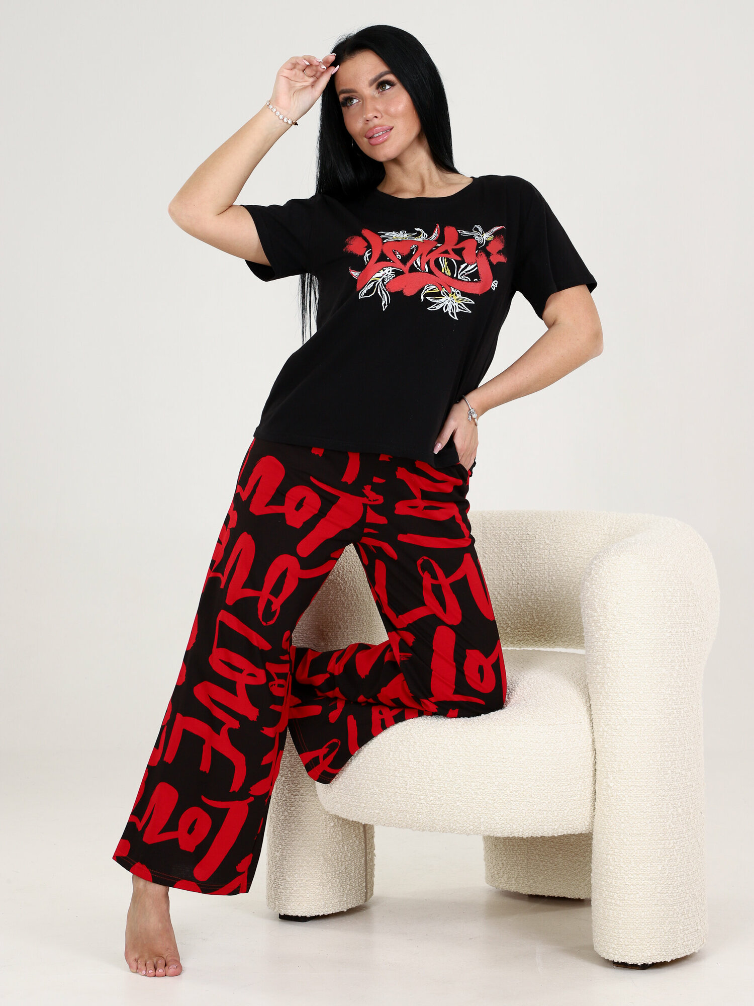 Пижама женская с брюками больших размеров Охара черный IvCapriz 60 - фотография № 1