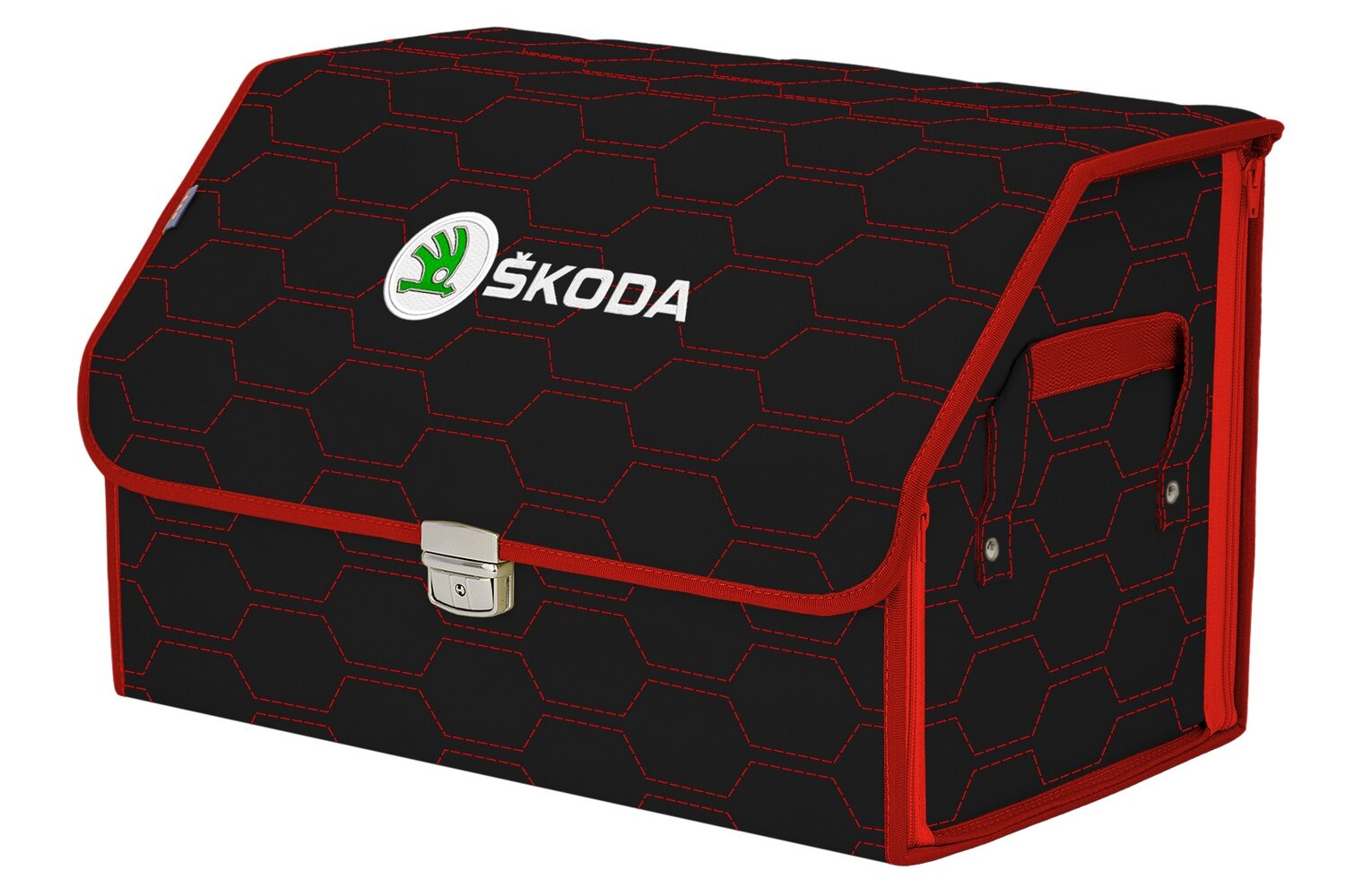 Органайзер-саквояж в багажник "Союз Премиум" (размер L). Цвет: черный с красной прострочкой Соты и вышивкой Skoda (Шкода).