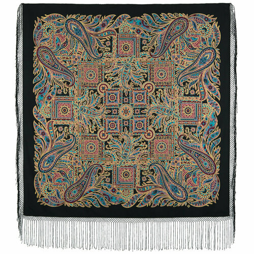 фото Шаль павловопосадская платочная мануфактура, шерсть, с бахромой, 148х148 см, черный