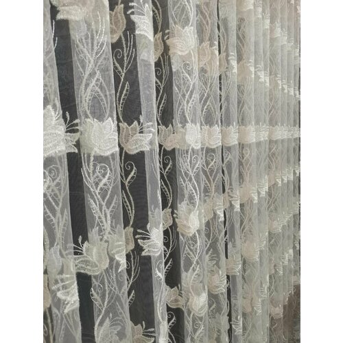 Тюль с вышивкой цветы, кремовый, 260х500 см.