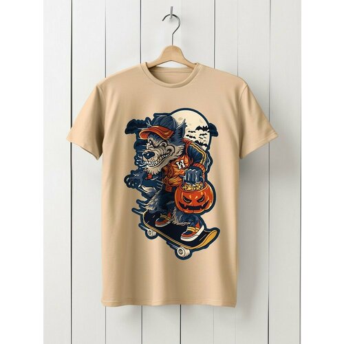 фото Футболка hypnotica футболка унисекс бежевая из хлопка с dtf принтом хеллоуин оборотень на скейте (рэтро плакат, винтаж, осень, подарок, helloween) - 9438, размер 2xl, бежевый