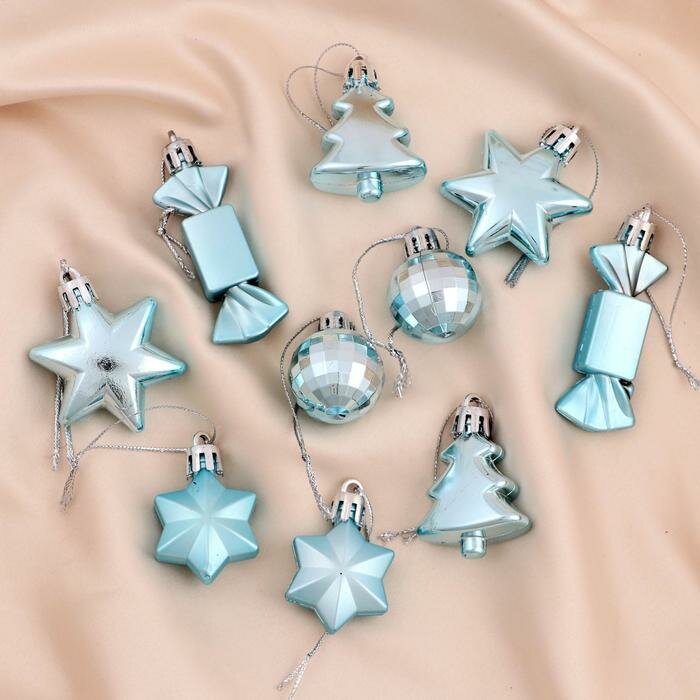 Набор украшений Зимнее волшебство "Сюрприз", 4 звезды, 2 конфеты, 2 елки, 2 шара 4 см, голубые, пластик, 10 шт