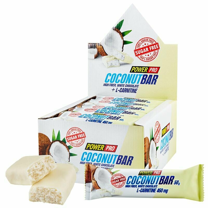 Батончик из мякоти кокоса без сахара Power Pro CoconutBar Collagen, 20 шт по 50 г, в белом шоколаде