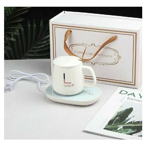 Кружка с подогревом для чашки 350мл белая / с ложкой и крышкой