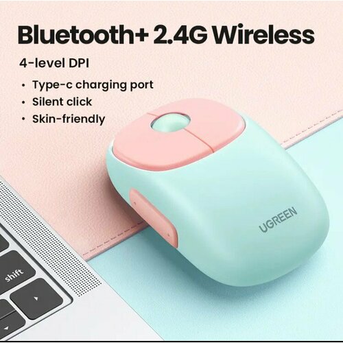 Мышь UGREEN MU102 (15722) FUN+ Wireless Mouse 2.4 GHz&BT . Цвет: розовый розовый, зеленый, голубой
