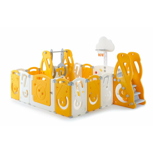 Манеж UNIX Kids "SUPREME Music" Yellow с качелями, желтый/белый, 200x200 см, с ковриком, горкой, баскетбольным кольцом для дома и улицы белый, желтый, белый