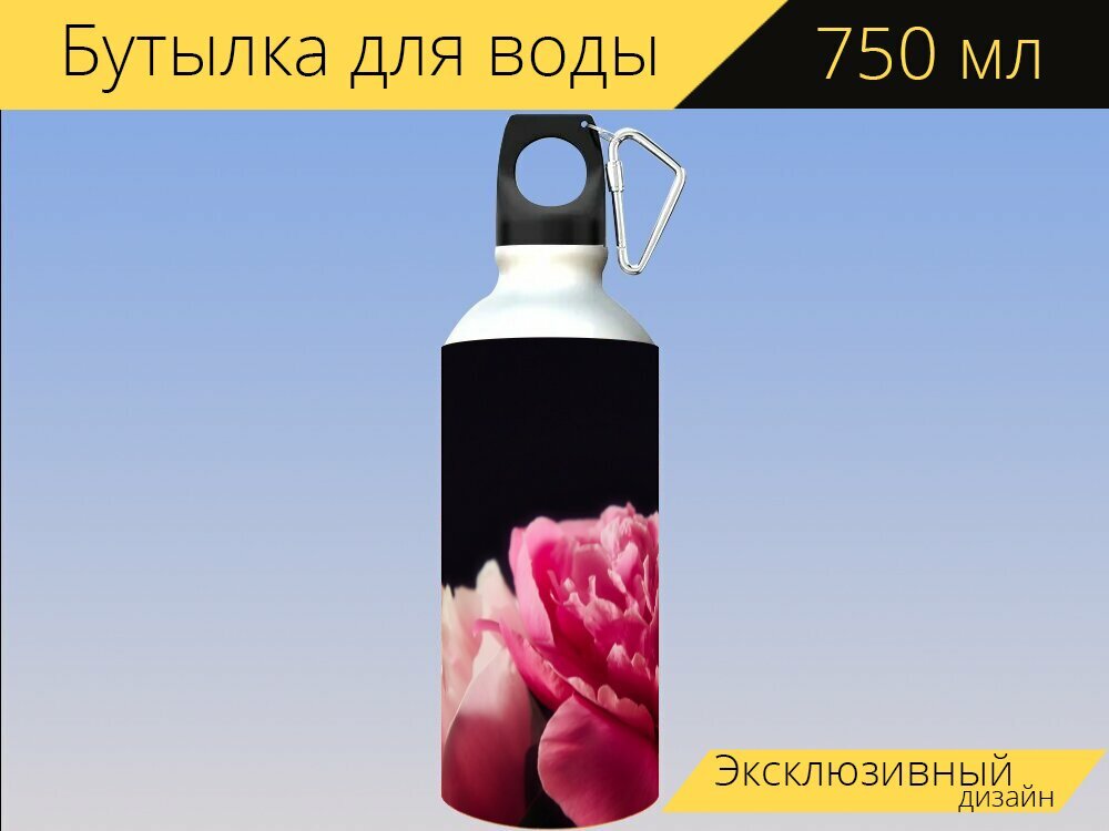 Бутылка фляга для воды "Пионы, букет цветов, розовый" 750 мл. с карабином и принтом