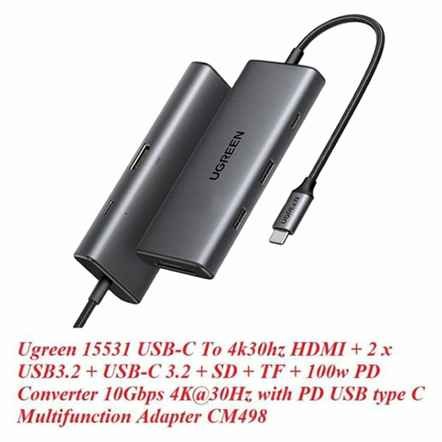 Конвертер UGREEN USB-C To 3*USB 3.0 A+HDMI+VGA+RJ45 Gigabit+SD/TF+AUX3.5mm+PD Converter. Цвет: серый - фото №2