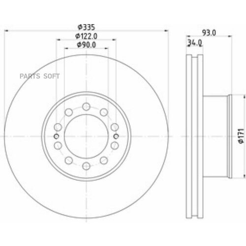 DON CVD641 Диск тормозной MAN L2000, TGM, TGL перний (335/171х122 H93 10n М15+2х10) (1.) DON