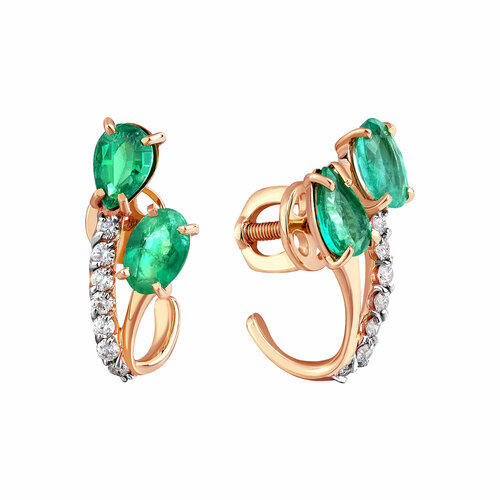 Серьги пусеты АМБЕР, желтое золото, 585 проба, бриллиант, изумруд, желтый