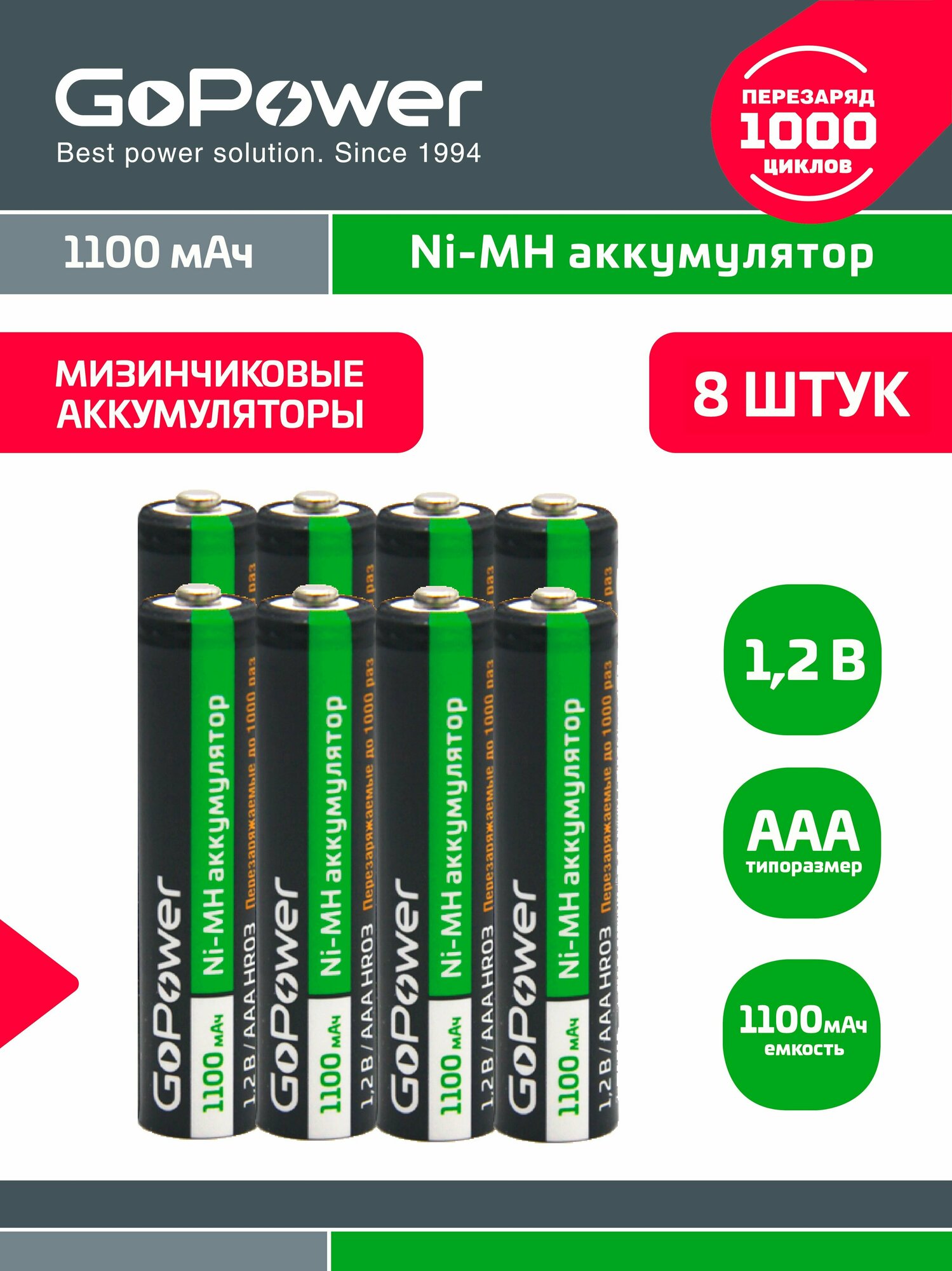 Аккумулятор GoPower HR03 AAA NI-MH 1100mAh - 8шт