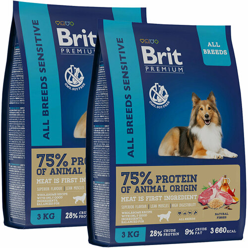 BRIT PREMIUM DOG ADULT SENSITIVE для взрослых собак всех пород с чувствительным пищеварением с ягненком и рисом (3 + 3 кг)
