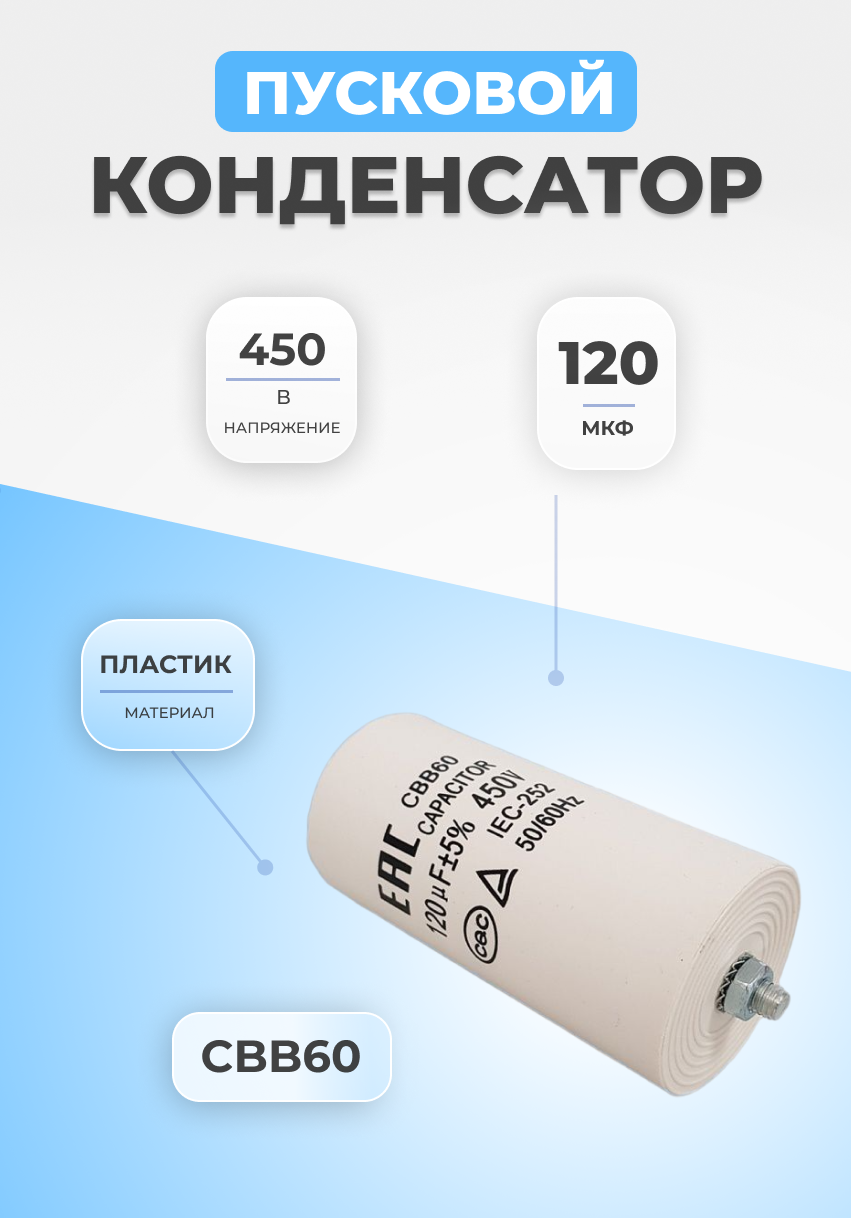 Конденсатор пусковой 120мкФ 450В CBB60 пластиковый