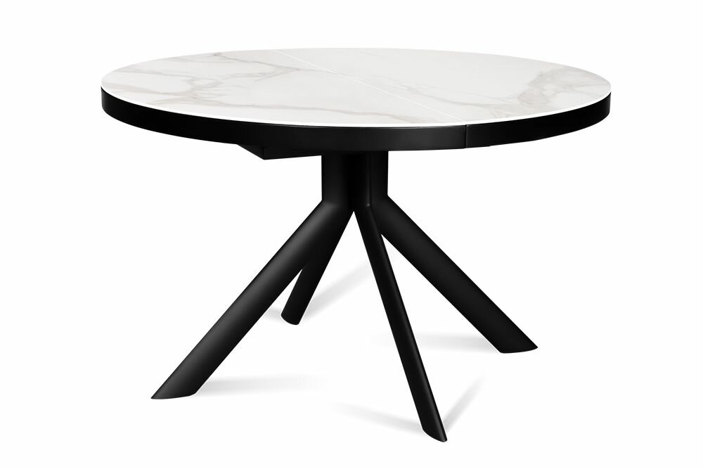 Стол обеденный керамический раздвижной ALFA 120 MARBLE CER на металлокаркасе, столешница керамика, 120(160)х120 см (белый мрамор глянец/черные ножки)