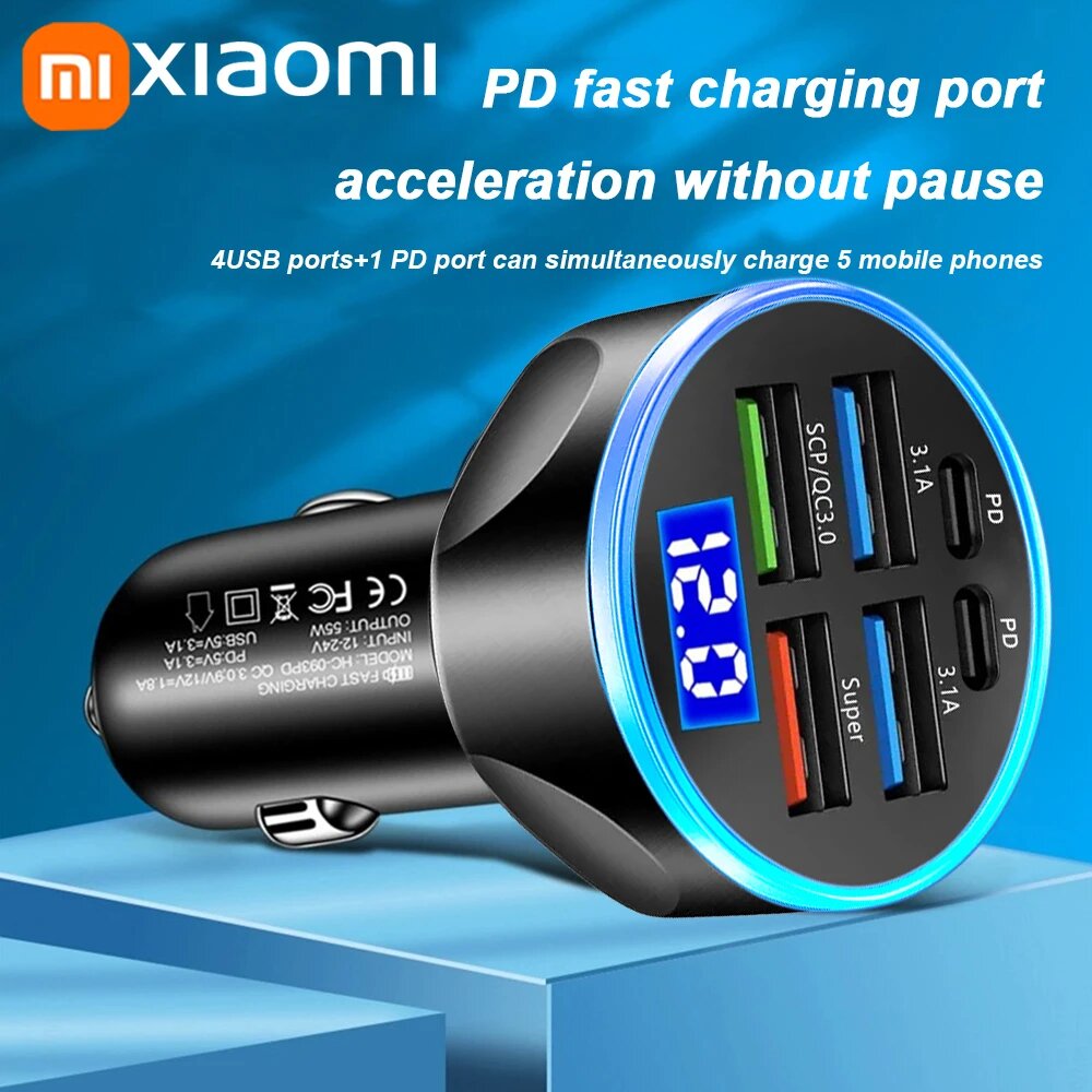 Автомобильные Зарядные Устройства Xiaomi Автомобильное зарядное устройство Xiaomi 250 Вт QC3.0 Быстрая зарядка 6-в-1 Автомобильный прикуриватель 5-портовое автомобильное зарядное устройство Флэш-зарядка с цифровым дисплеем 6 Port