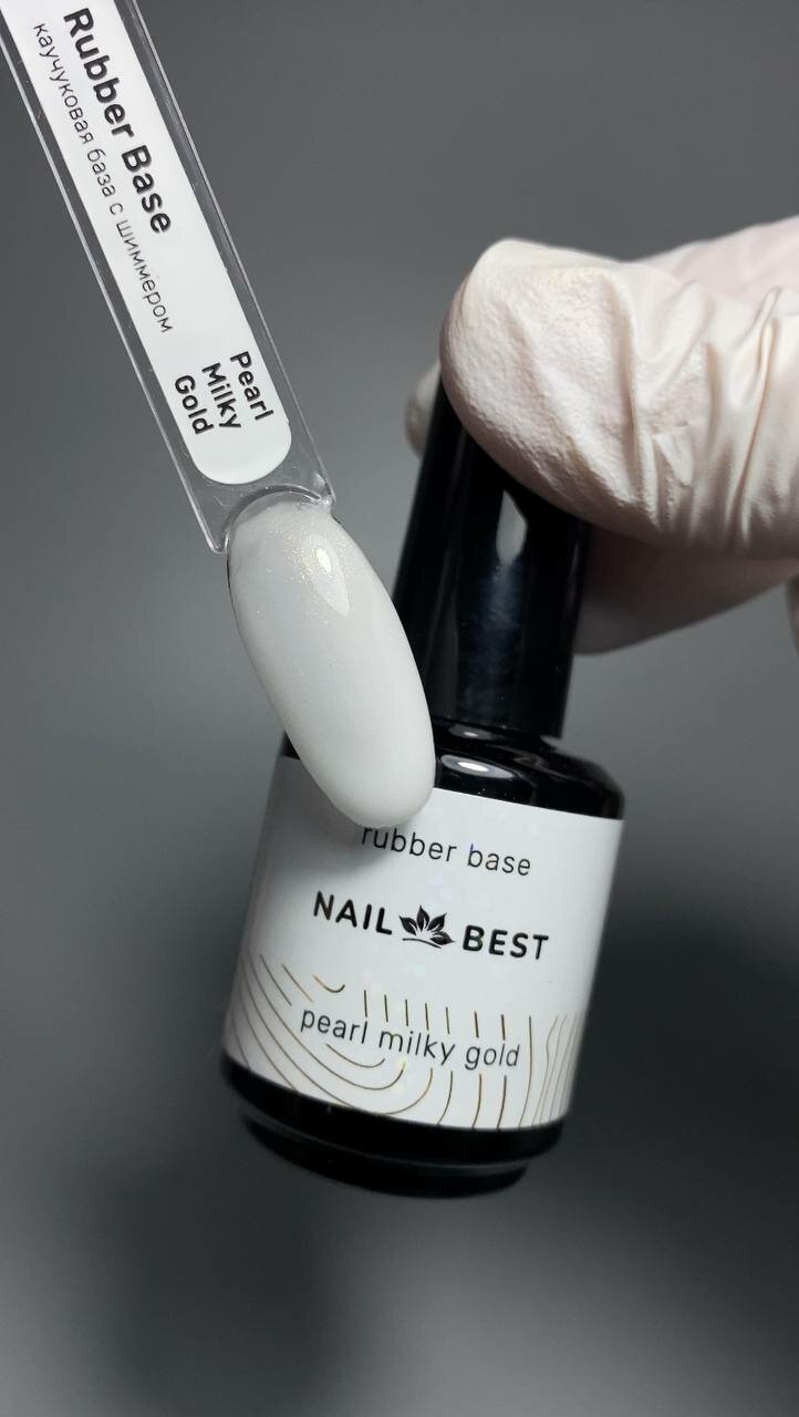 Камуфлирующая каучуковая база для ногтей Rubber Milky PEARL Gold , 15 мл c шиммером