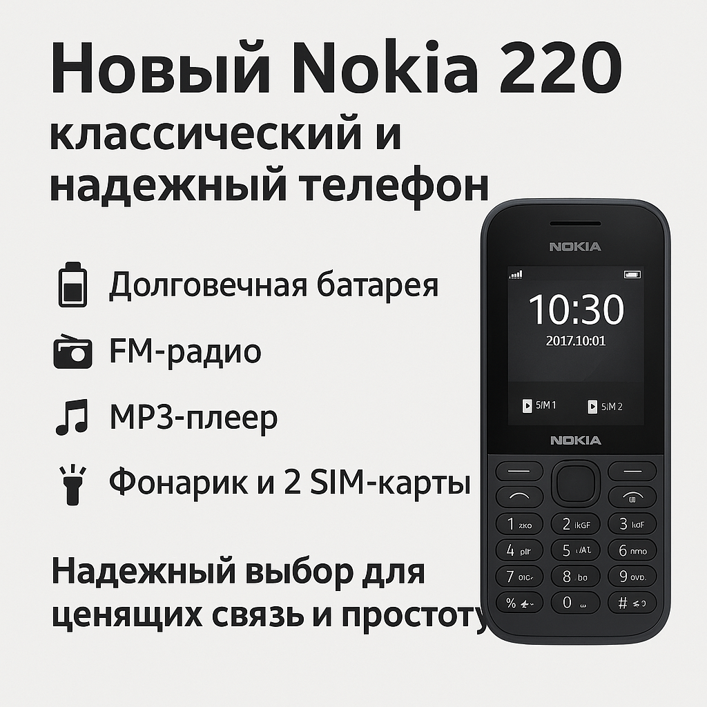 Кнопочные телефоны Nokia 220 Материал корпуса пластик Количество SIM-карт на SIM-карту