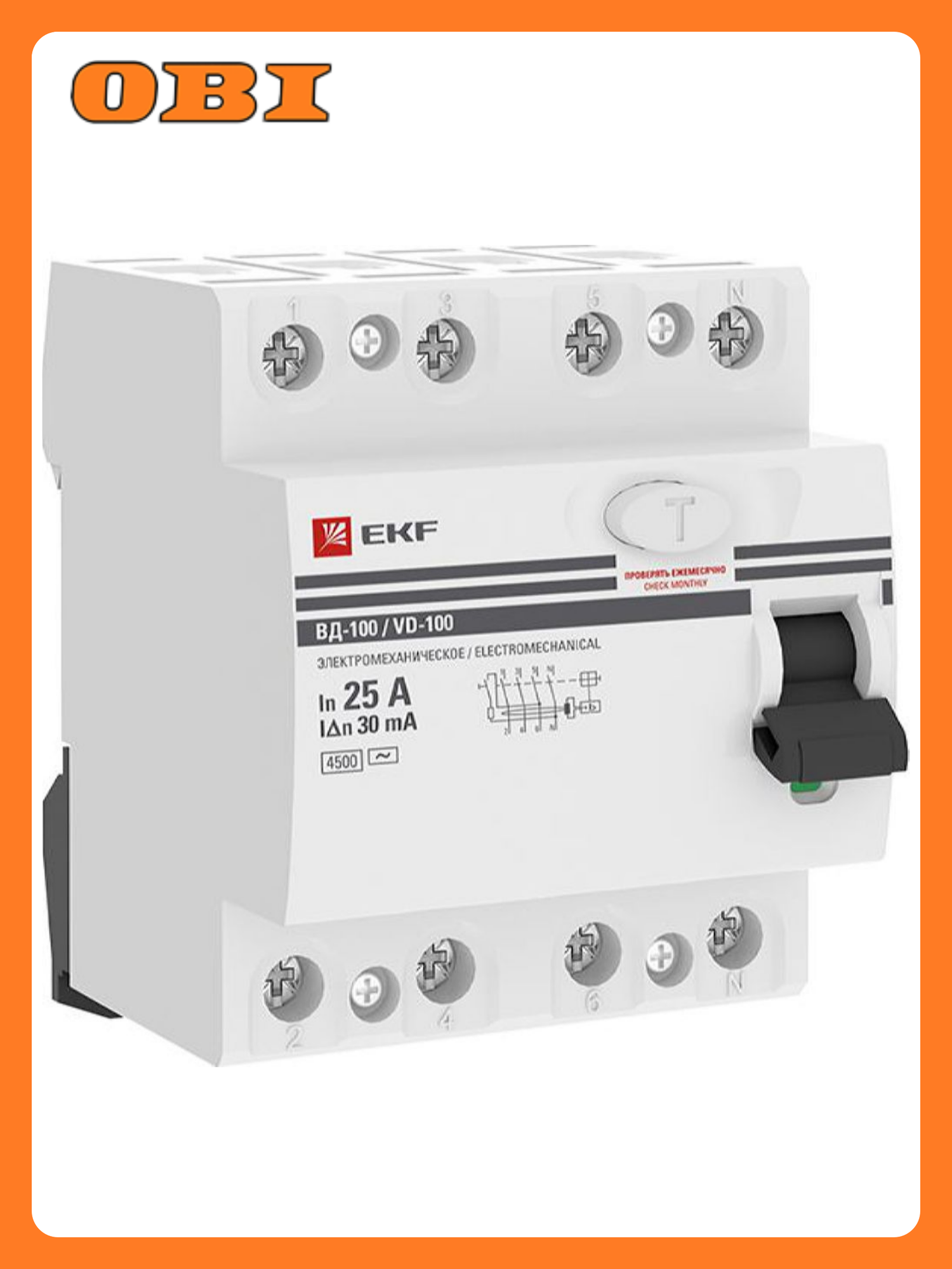 Дифференциальный выключатель EKF 4 полюса 25 А 30 мА 4 модуля IP20