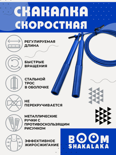 Изображение товара Скакалка скоростная спортивная Boomshakalaka, металлические ручки на подшипниках, стальной трос 3м с регулировкой, синяя