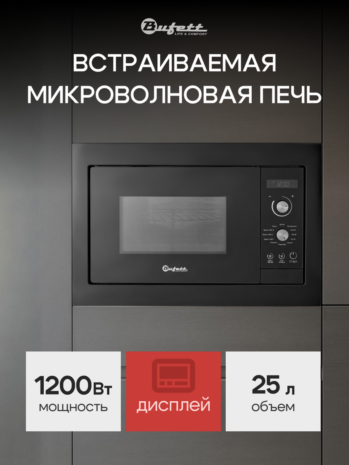 Печь микроволновая Bufett JMW 592 встраиваемая, 25л, 1200Вт, черная, 640592