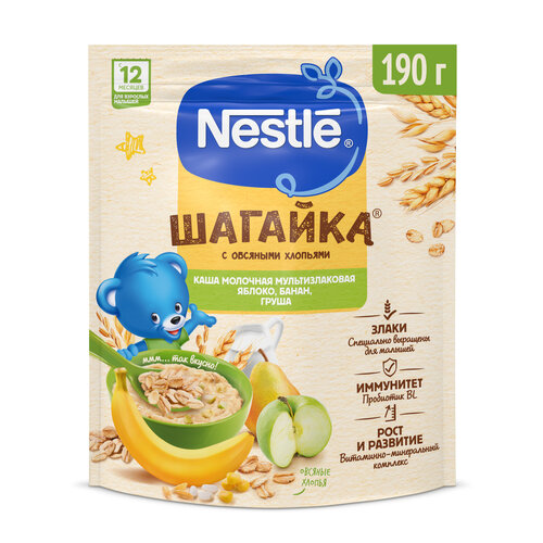 Каша Nestlé молочная Шагайка мультизлаковая с овсяными хлопьями яблоко,банан,груша, с 12 месяцев каша молочная nestle мультизлаковая яблоко банан груша с 12 месяцев 190 г 9 шт