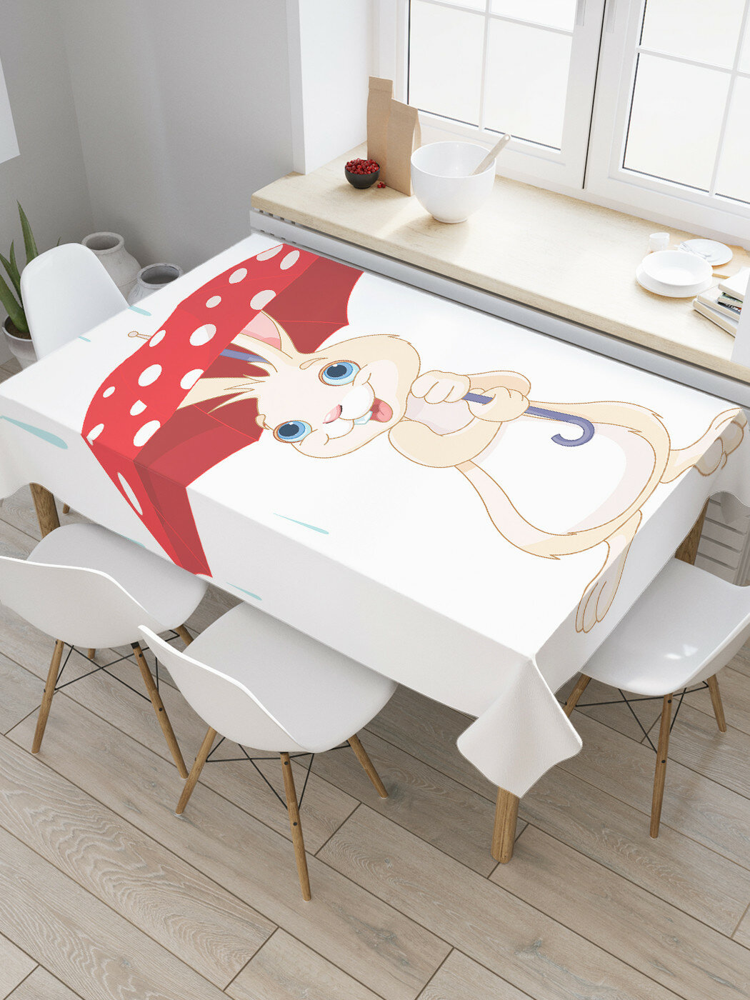 Скатерть прямоугольная JoyArty на кухонный стол "Заяц под зонтиком" из оксфорда, 180x145 см