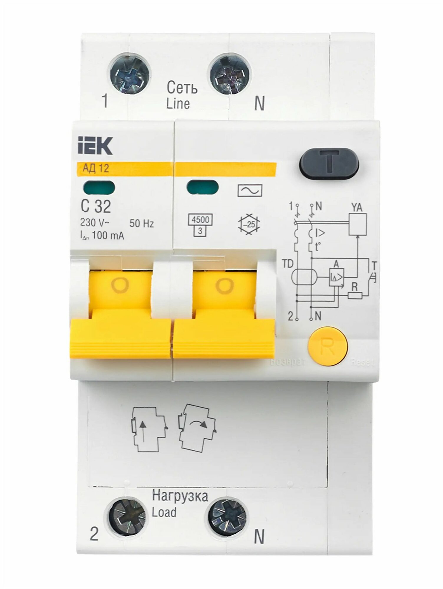 Дифференциальный автомат IEK АД 12 2П C 4.5 кА AC электромеханический