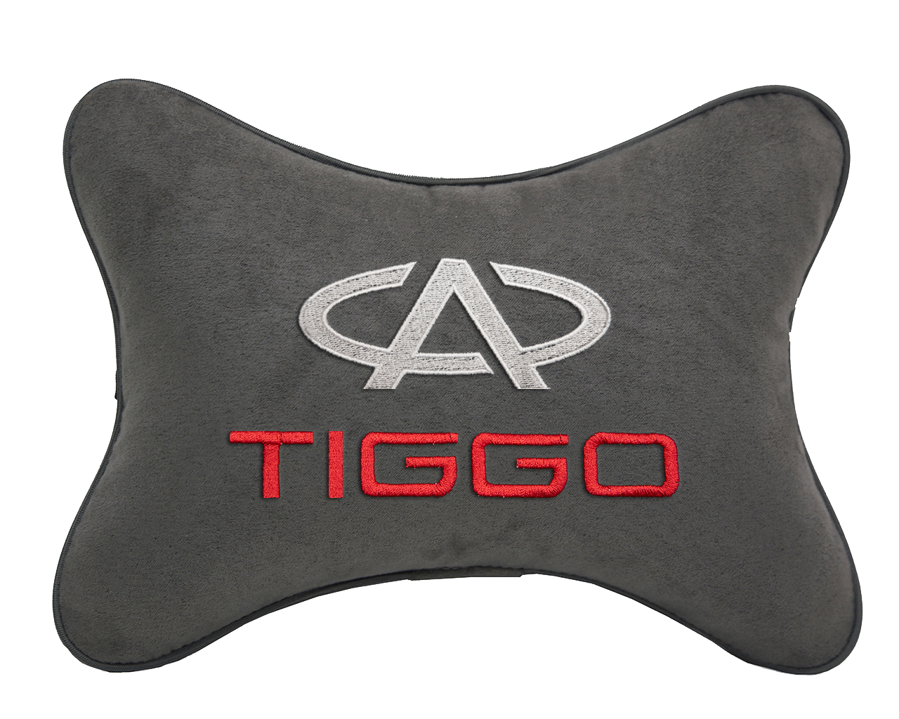 Автомобильная подушка на подголовник алькантара D.Grey с логотипом автомобиля CHERY Tiggo