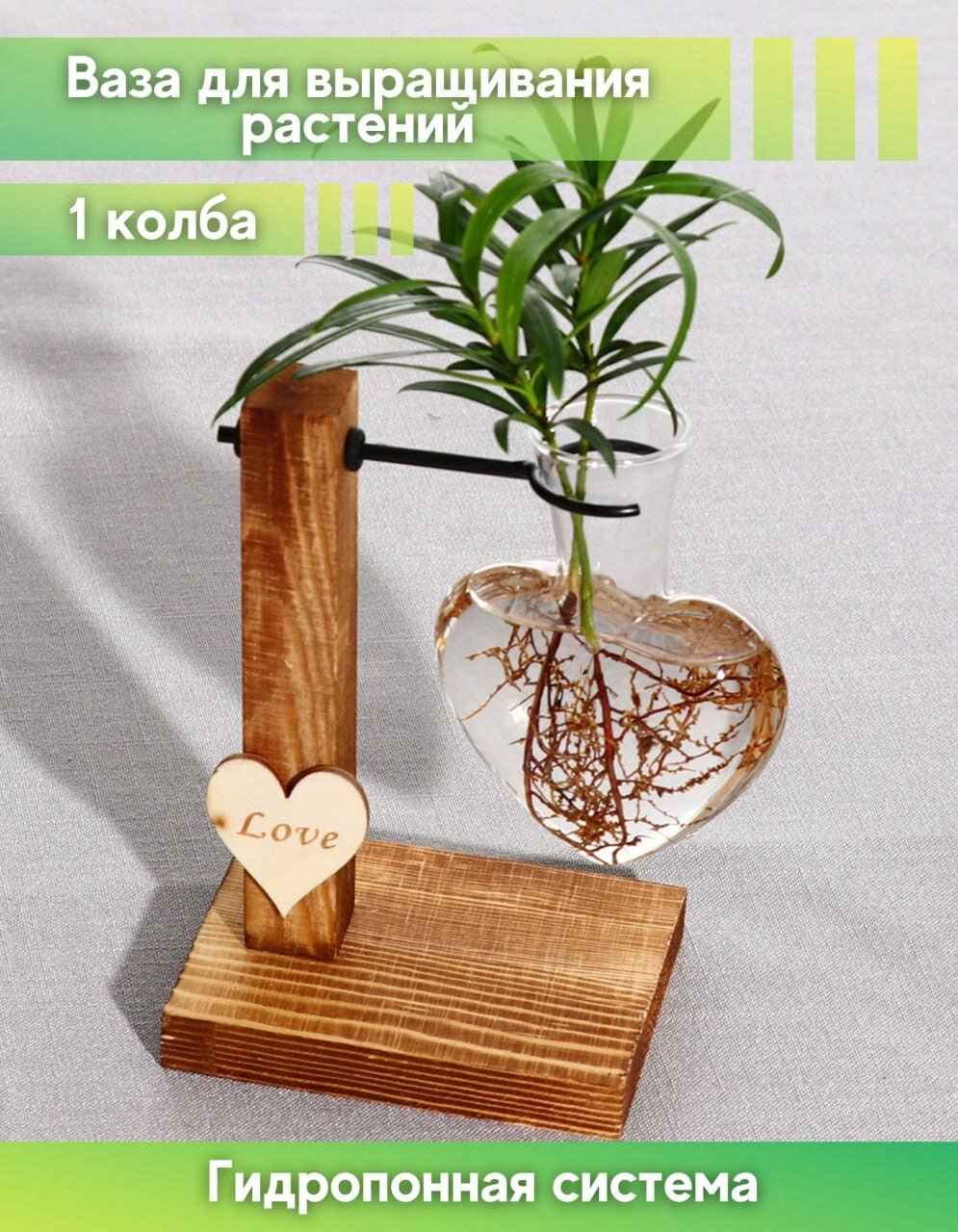 Стеклянная ваза для растений с гидропоникой "Сердце" 1 штука