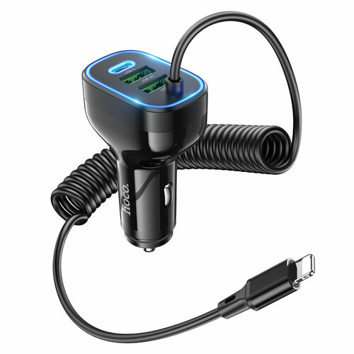 АЗУ, 2 USB QC3.0 18W, 1 PD 30W (NZ11A), HOCO, кабель Lighting, черный дата кабель usb c lightning поворотный 180˚ pd usb 2 0 3a 1 2м алюминий нейлон черный de deppa 72331