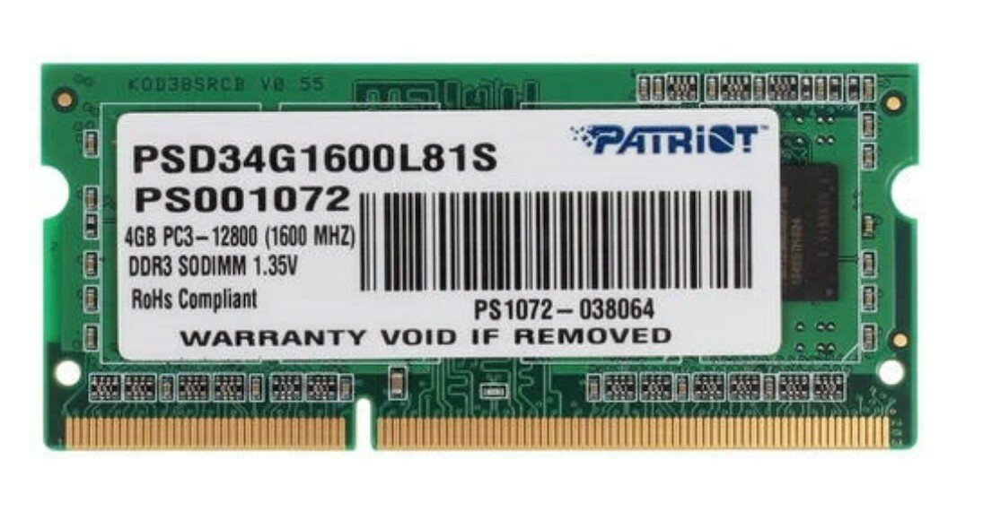 Модуль памяти для ноутбука SODIMM 4GB PC12800 DDR3L PSD34G1600L81S PATRIOT