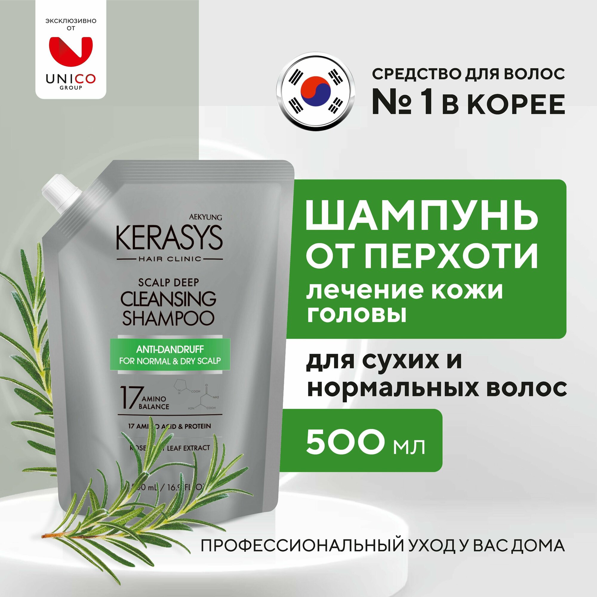 Kerasys Лечебный Корейский Шампунь для от перхоти для нормальных и сухих волос, 500 мл, Профессиональный протеиновый очищающий балансирующий шампунь с мятой