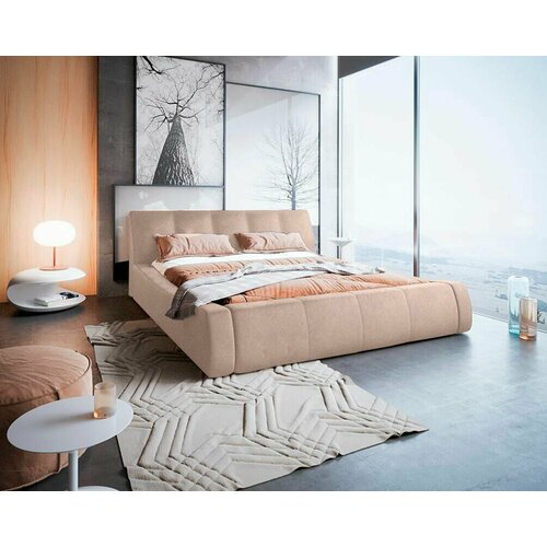 Двуспальная кровать 160x200, Kioto, с мягким изголовьем, с ящиком, велюр, бежевый