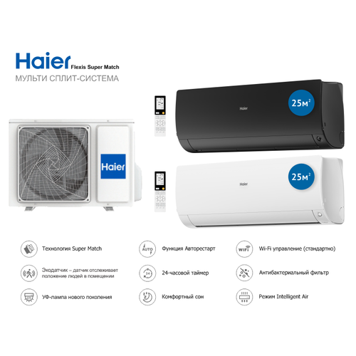 Инверторная мульти сплит система на 2 комнаты Haier Flexis 2U50S2SM1FA + AS25S2SF2FA-W + AS25S2SF2FA-B