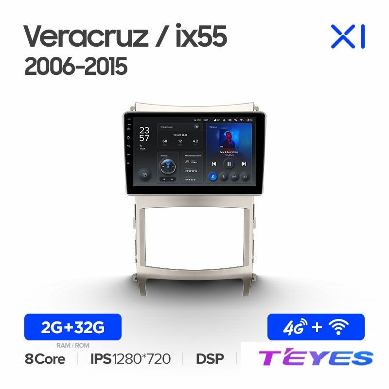 Магнитола Hyundai Veracruz ix55 2006-2015 Teyes X1 4G 2/32GB, штатная магнитола, 8-ми ядерный процессор, IPS экран, DSP, 4G, Wi-Fi, 2 DIN