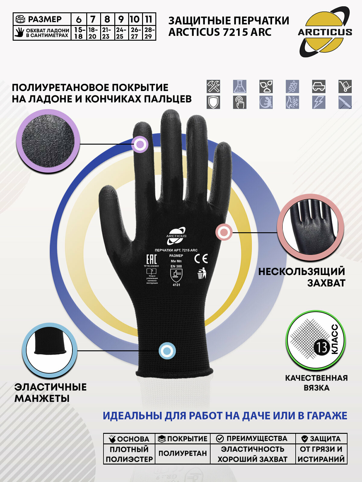 5 пар нейлоновых защитных перчаток Arcticus 7215, с полиуретановым покрытием, размер 10