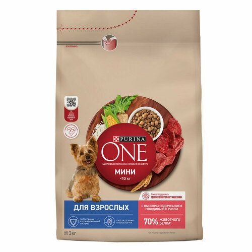 Purina One Мини "Взрослая" для собак мелких пород старше 1 года Говядина, 3 кг.