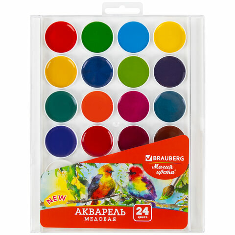 Краски акварельные BRAUBERG "магия цвета NEW", медовые, 24 цвета, круглые кюветы, пластиковый пенал, 192365