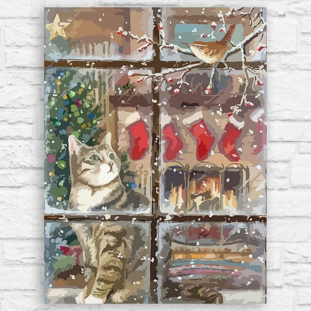 Картина по номерам на холсте новый год рождество (котики, милота, винтаж, елка, гирлянда) - 13071 40х30