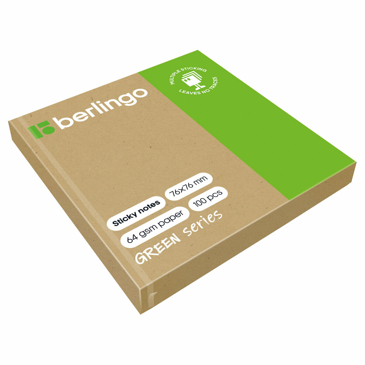 Комплект 12 шт, Самоклеящийся блок Berlingo "Green Series", 76*76мм, 100л, крафтовая бумага