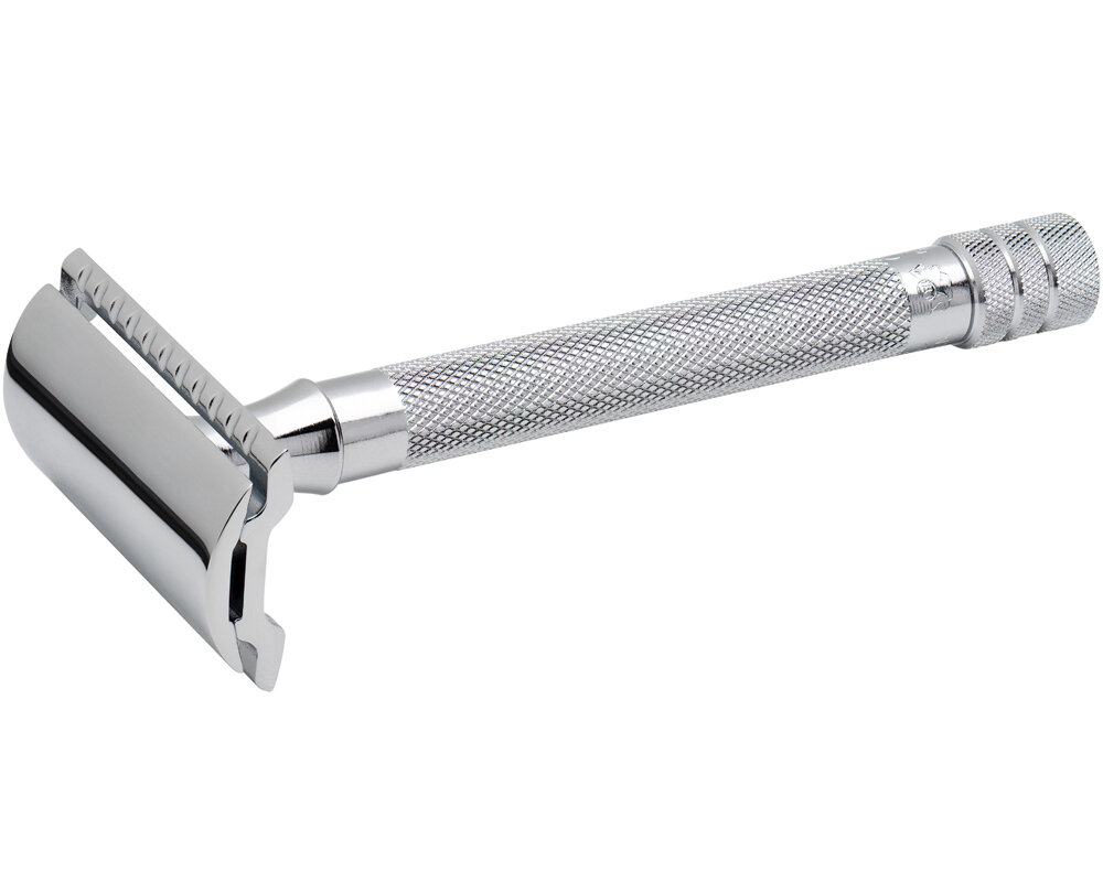 Cтанок Т- образный для бритья MERKUR, прямой срез, закрытый гребень, длинная ручка, хромированный, лезвие в комплекте (1 шт) 23001