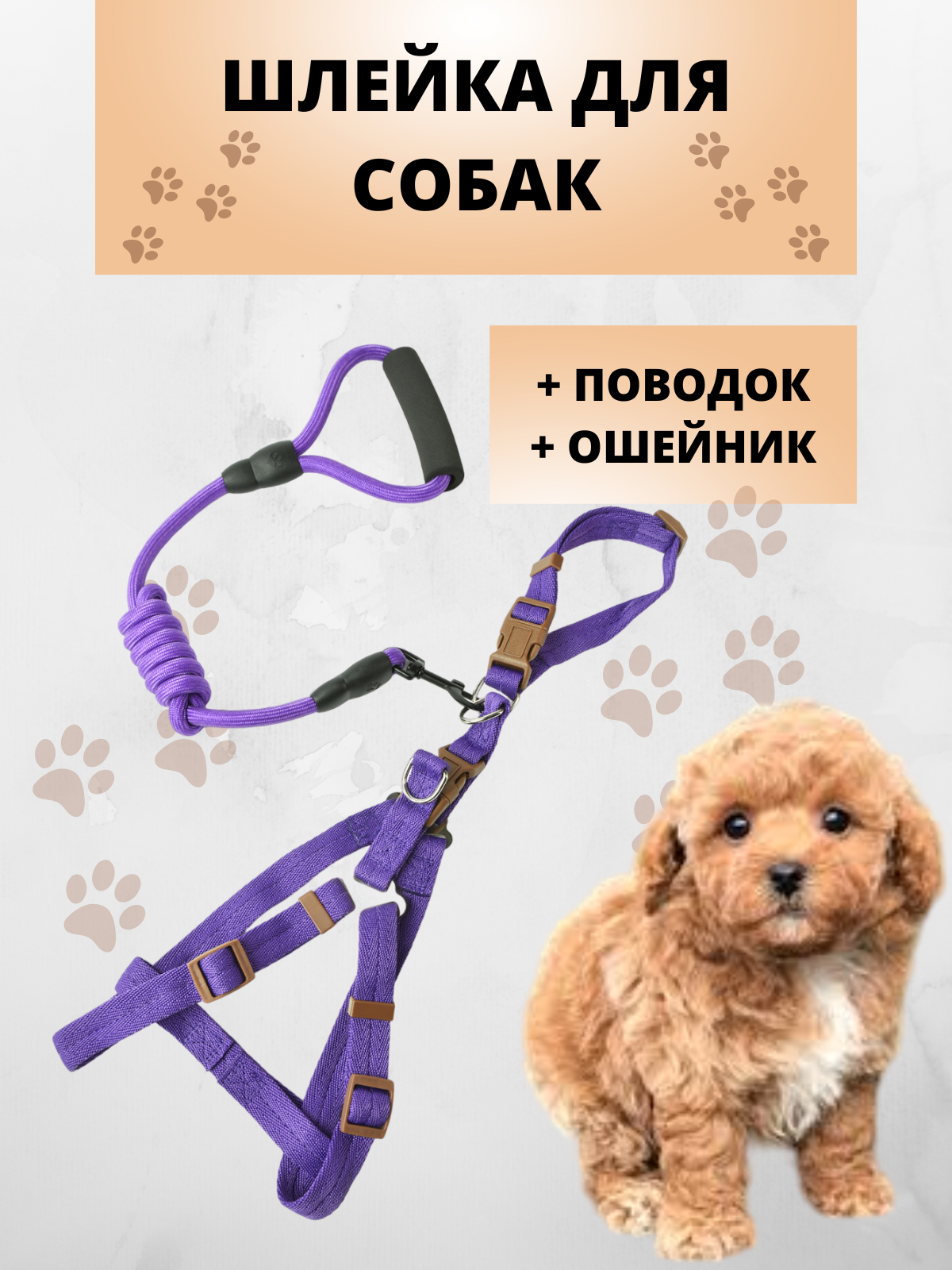 Шлейка для кошек и собак (в комплекте поводок, ошейник, шлейка), фиолетовый, размер S