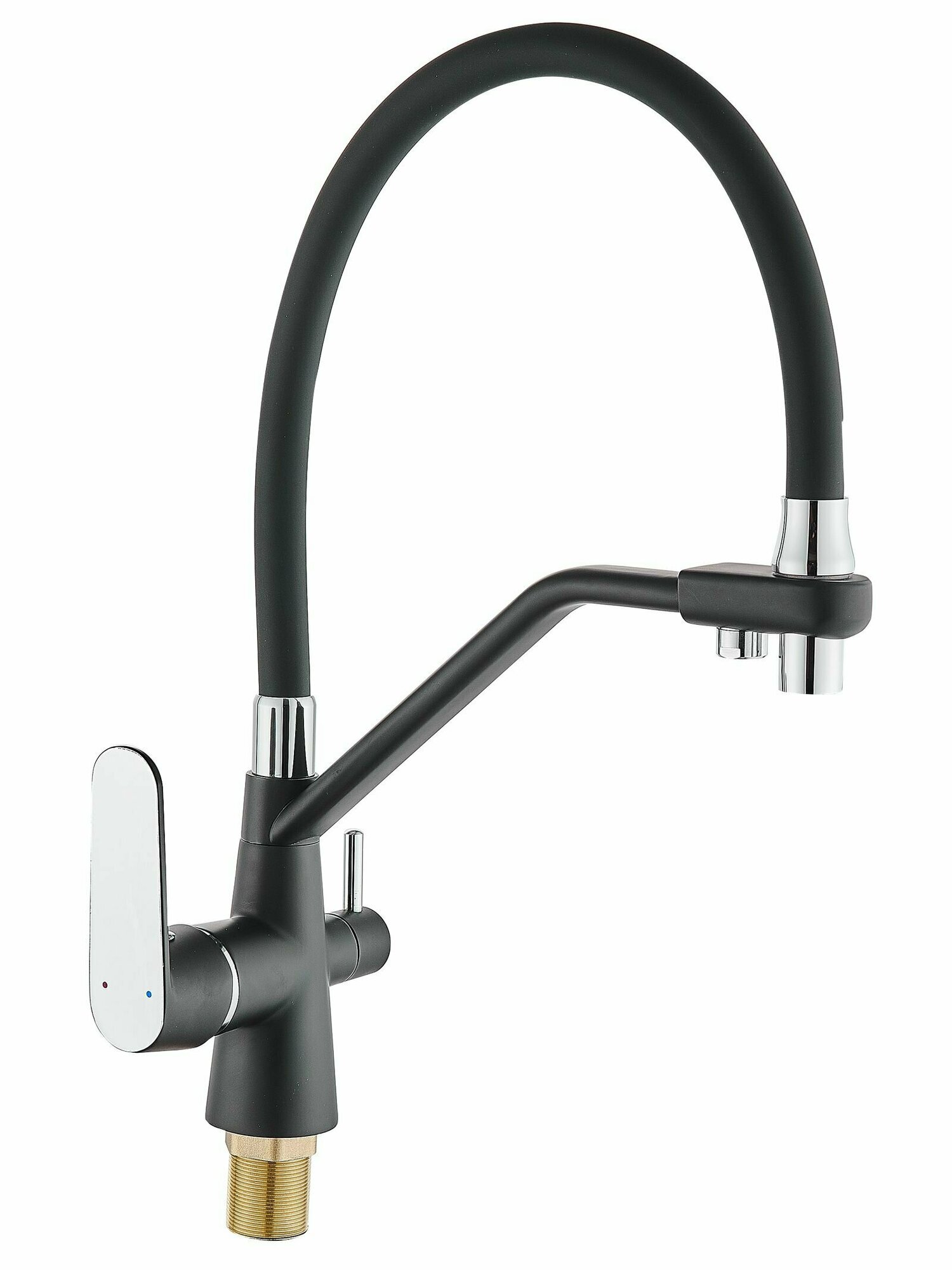 фото Смеситель на кухню Potato P44118-6 с краном для фильтрованной воды, гибкий силиконовый излив, картридж 35 мм, чёрный, крепление гайка