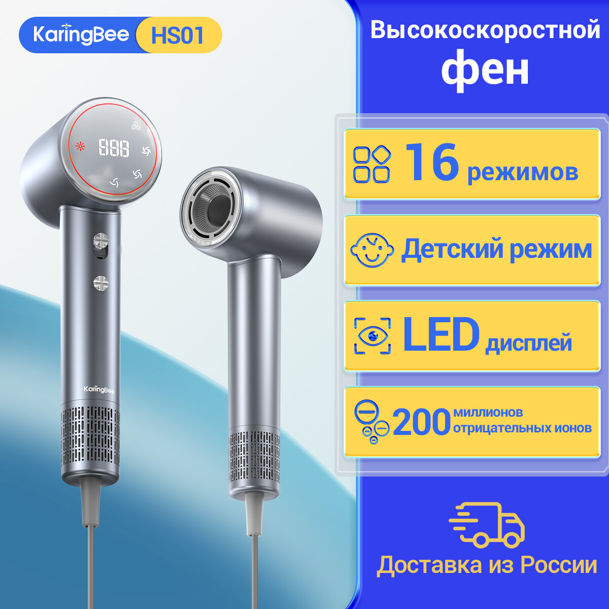 Высокоскоростной фен для волос KaringBee HS01,1500 W, LED дисплей, Серый