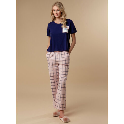 фото Пижама indefini, футболка, брюки, короткий рукав, размер l, синий, розовый